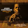 Text: "John Coltrane Birdland 1962." Darunter: Musikernamen. Schwarz-weißes Foto von einem Mann, der Saxophon spielt.