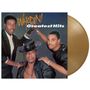 „Whodini Greatest Hits“ in stilisierter Schrift. Drei Männer in schwarzer Kleidung; einer trägt einen Hut. Goldene Schallplatte.