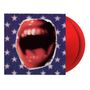 Illustration mit offenem Mund auf blauem Hintergrund mit weißen Sternen. Rote Schallplatten sichtbar.