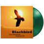"Blackbird", Jaco Pastorius, Rashied Ali. Silhouette eines Vogels vor orangefarbenem Himmel und Sonne. Grüne Vinylplatte.