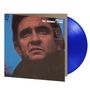 Text: "Hello, I'm Johnny Cash". Blaues Vinyl mit einem Porträt eines ernsten Mannes im Vordergrund.