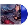 Text: "Blue System, Hello America". Illustration eines Mannes auf einem Motorrad mit blauem Vinyl-Schallplattenhintergrund.