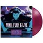 "PUNK, FUNK & LIVE" in großen Buchstaben. Ein lächelnder Mann liegt auf einem Auto. Violette Vinyl-Schallplatte.
