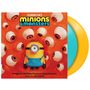 "Minions & Monsters", ein Minion umgeben von großen Augen auf orangefarbenem Hintergrund, gelbe und blaue Schallplatten.