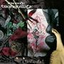 Oben: "dark tranquillity". Unten: "The Mind’s I". Abstrakte Kunst mit roten und schwarzen Formen, umgeben von Federn und Stoffen.