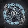 Römische Ziffern I bis XII auf einer Uhr mit Zahnrädern und Schädeln, in Blau- und Grautönen.