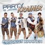 "PARTY 15 JAHRE KRAINER ABSOLUT KRAINER." Fünf Männer in Tracht mit Musikinstrumenten, lächelnd.