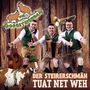 Oben: "Die Goasbeitraum" Logo mit Ziegen. Unten: "Der Steirerschmäh tuat net weh". Drei Männer in Tracht musizieren.
