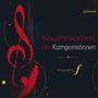 "Neujahrskonzert der Komponistinnen" und "ensemble f". Eine rote, künstlerische Notenschlüssel-Illustration.