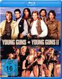 Oben: "Young Guns Young Guns II". Unten: Sechs Männer in Westernkleidung mit ausgestreckten Händen, zwei zeigen Pistolen.