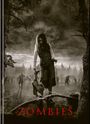 Der Text lautet "ZOMBIES" in roten, blutigen Buchstaben. Eine gruselige Szene zeigt ein Mädchen mit einem Stofftier, umgeben von Zombies.