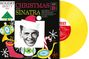 "Christmas with Sinatra", bunte Retro-Grafiken mit Weihnachtsbaum, Geschenk und Trompete, gelbe Schallplatte.