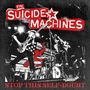 "The Suicide Machines" und "Stop This Self-Doubt" in auffälligem Stil. Eine Band springt energiegeladen auf der Bühne.