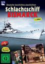 „Deutsche Geschichte & Geschichten: SCHLACHTSCHIFF BISMARCK, 14 Filme, DVD 5er-Set, ca. 370 Minuten, FSK 12.” Bild eines Schlachtschiffs und Fotos von historischen Szenen.