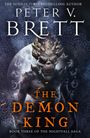 „THE DEMON KING“ und „BOOK THREE OF THE NIGHTFALL SAGA“. Ein dämonenartiges Wesen mit Hörnern.