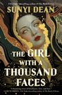 "THE GIRL WITH A THOUSAND FACES" von Sunyi Dean. Illustrierte Frau mit geschlossenen Augen, umgeben von goldenen Mustern.