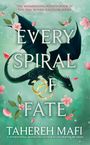 "EVERY SPIRAL OF FATE" von Tahereh Mafi. Illustration: Drache mit zwei goldenen Ringen und rosa Blüten auf grünem Hintergrund.