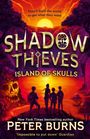 Text: "They'll burn the world to get what they want. Shadow Thieves: Island of Skulls. Peter Burns. 'Impossible to put down' - Guardian." Eine Illustration zeigt vier Silhouetten vor einem leuchtenden Sonnenuntergang mit einem Totenkopf-Felsen im Hintergrund.