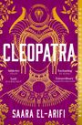 Text: Cleopatra, Lush Jennifer Saint, A masterpiece R.F. Kuang, Saara El-Arifi, The No.1 Bestselling Author. Illustration mit goldenen und blauen Mustern.