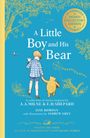 „A Little Boy and His Bear“, Illustration eines Jungen mit Bär. Goldenes Baummuster, dekorativ.