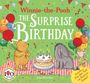 "Winnie-the-Pooh: The Surprise Birthday", Illustration mit Figuren, Kuchen, Luftballons, Konfetti, Banner und Text von Jane Riordan.