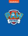 "nickelodeon" oben, "PAW PATROL" auf einem Abzeichen. Farbiges Logo auf blauem Hintergrund.