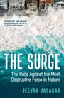 Zitat: 'IMPORTANT AND URGENT' - Peter Frankopan. Titel: THE SURGE. Autor: JEEVAN VASAGAR. Wellen prallen gegen Küstenhäuser.