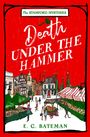"Death Under the Hammer" in weißer Schrift auf rotem Hintergrund. Illustration eines belebten Marktplatzes mit Marktständen.