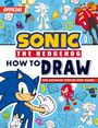"Official Sonic the Hedgehog: How to Draw," bunte Charaktere und Gegenstände auf blauem Hintergrund, Sonic hebt den Daumen.
