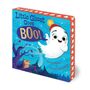 "Little Ghost Goes BOO!" von Sunita Nahar & Nancy Leschnikoff. Ein kleiner Geist mit Mütze schwebt fröhlich über einem Wald.