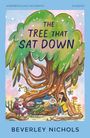 Buchtitel: "The Tree That Sat Down". Illustration zeigt einen Baum mit Lichterkette, Frau, Oma und Schild "Open".