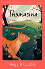 "Thomasina" in geschwungener Schrift, Illustration einer orangen Katze in einer grünen Landschaft mit Blumen.