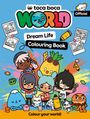 "Toca Boca World: Dream Life Colouring Book. Official. Colour your world!" Bunte Cartoon-Figuren auf farbigem Hintergrund.