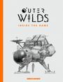 "OUTER WILDS INSIDE THE GAME" steht über einer skizzenhaften Illustration eines futuristischen Raumschiffs.