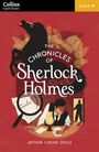 "The Chronicles of Sherlock Holmes" steht groß, darunter "Arthur Conan Doyle". Illustration: Mann am Tisch, Pferd, Lupe, Schatten.