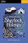 „The INQUIRIES of Sherlock Holmes“ oben, darunter Requisiten: Flasche, Gläser, Seil, Brille. Silhouette im Fenster.