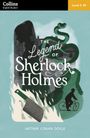 Titel: The Legend of Sherlock Holmes. Illustration mit einem grünen Schlangenmuster, einer Frauensilhouette, Messer und Radfahrer.