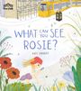"WHAT CAN YOU SEE, ROSIE?" von Kate Herbert. Illustration: Ein Mädchen untersucht eine Blume mit einer Lupe neben einem Zug.