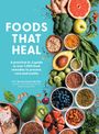 "Foods That Heal" und unter anderem Obst, Gemüse, Nüsse, Samen auf blauem Hintergrund.