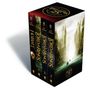 Buchtitel: "The Hobbit", "The Lord of the Rings 1-3". Cover zeigt Boote vor großen Statuen in einer Fantasielandschaft.