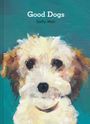 Text: "Good Dogs" und "Sally Muir". Gemälde eines lockigen, hellen Hundes vor einem grünen Hintergrund.