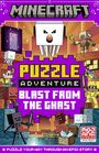 "PUZZLE ADVENTURE: BLAST FROM THE GHAST". Oben "MINECRAFT". Illustration mit Block-Kreaturen und lila Hintergrund.