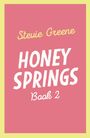Text: "Stevie Greene, HONEY SPRINGS, Book 2." Einfache Schrift auf rosa Hintergrund mit gelbem Rand.