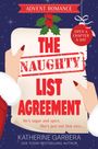 Weihnachtliche Illustration mit einer Schriftrolle, darauf "THE NAUGHTY LIST AGREEMENT", umgeben von Beeren und Sternen.