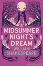 Text: "A MIDSUMMER NIGHT'S DREAM, WILLIAM SHAKESPEARE, SUPER-READABLE EDITION." Szene mit zwei Figuren und Feen unter Bäumen.