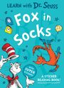 "Fox in Socks" steht groß in der Mitte. Illustrationen eines Fuchses, einer Katze mit Hut, Ballon, Uhren und Sterne auf blauem Hintergrund.