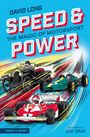„DAVID LONG SPEED & POWER THE MAGIC OF MOTORSPORT“ steht auf einer farbenfrohen Illustration mit Rennwagen.