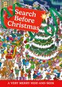 „The Search Before Christmas“ und „A Very Merry Hide-and-Seek“. Illustration von Weihnachtsmarkt mit Geschenken und Tannenbaum.