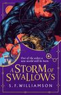 "A Storm of Swallows" von S.F. Williamson, episches Finale der "Language of Dragons"-Trilogie, lila Hintergrund mit Sternen.