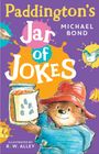 "Paddington's Jar of Jokes", "Michael Bond", Illustration von R.W. Alley. Bär mit rotem Hut und blauer Jacke hält ein Glas.